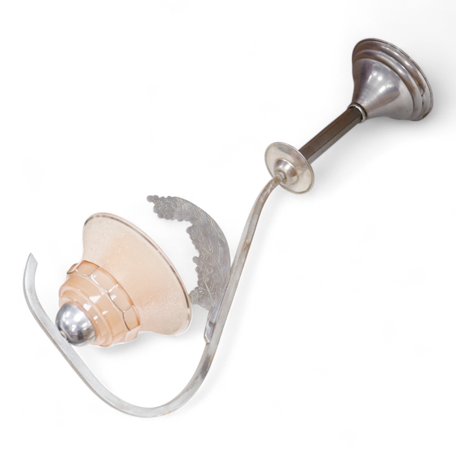 An Art Deco chrome and pink glass shaded French ceiling uplighter, 58cm high